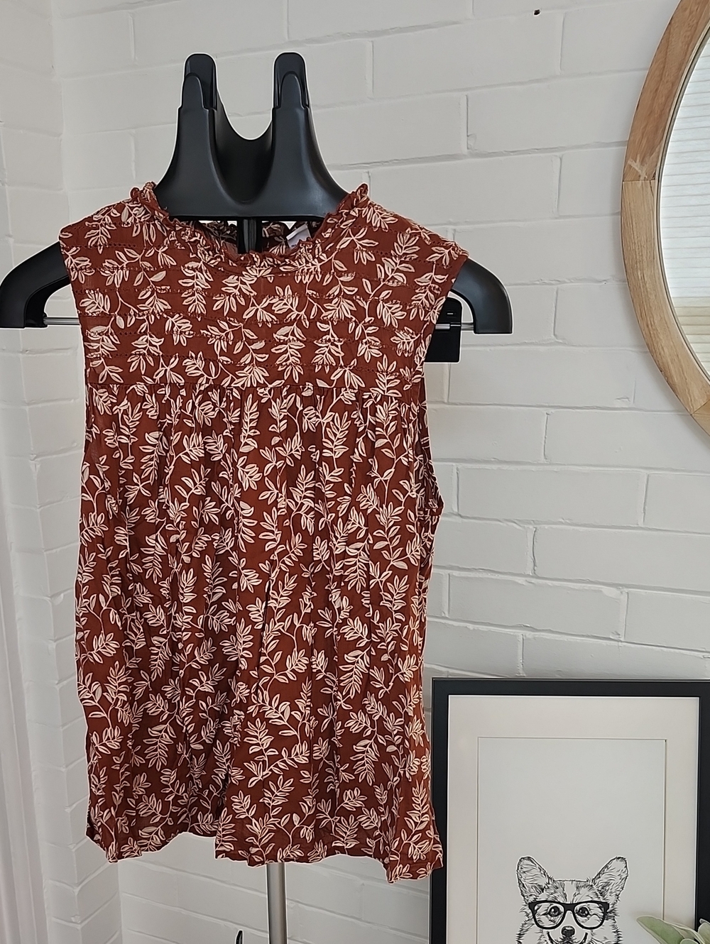Sleeveless Rust Floral Print Top, Women Medium Tall